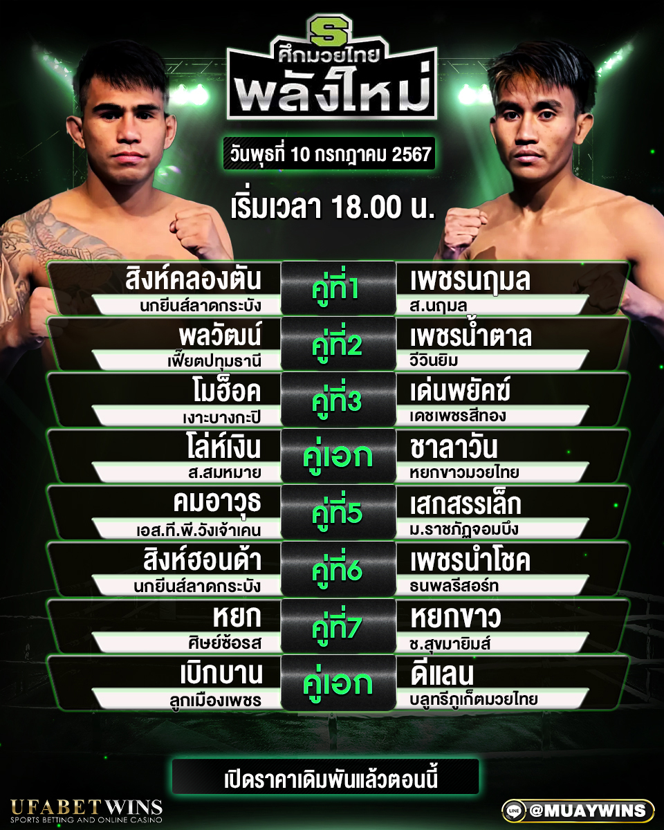 โปรแกรมการแข่งขัน ศึกมวยไทยพลังใหม่ วันพุธที่ 10 กรกฎาคม 2567