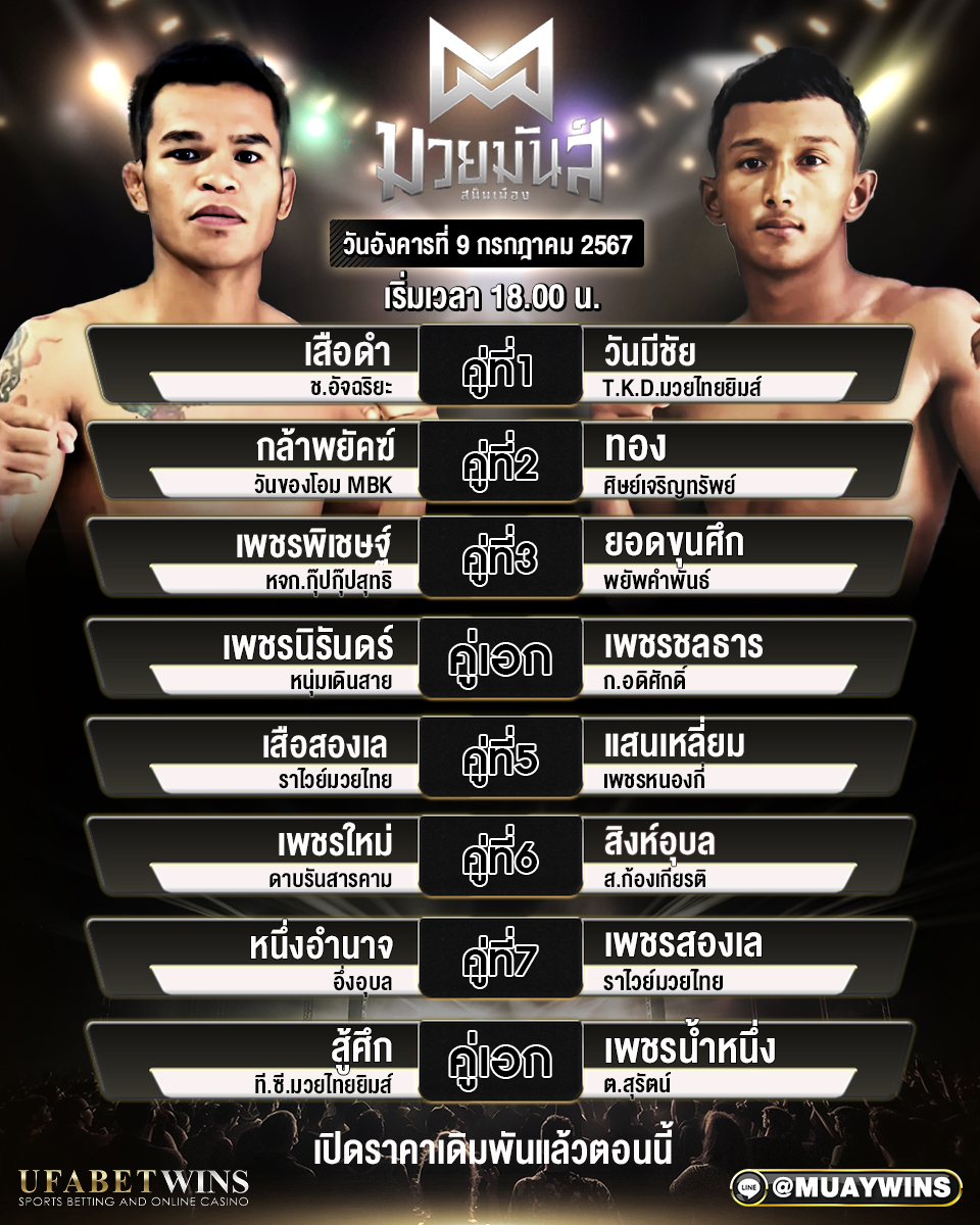 โปรแกรมการแข่งขัน ศึกมวยมันส์สนั่นเมือง วันอังคารที่ 9 กรกฎาคม 2567