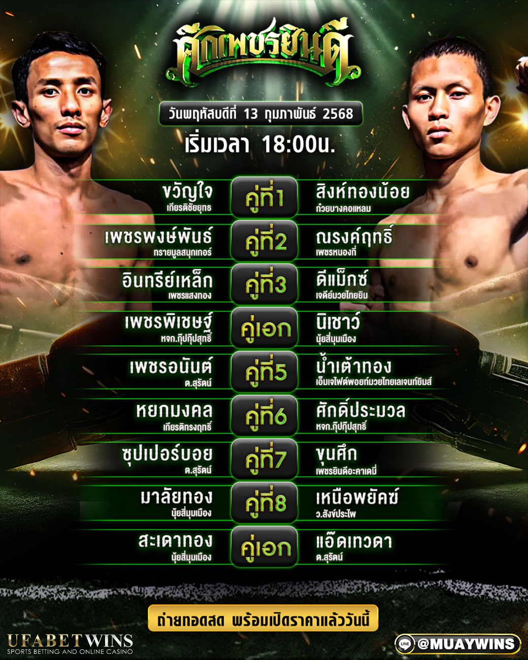 ศึกเพชรยินดี มวยวันนี้ 13/02/68