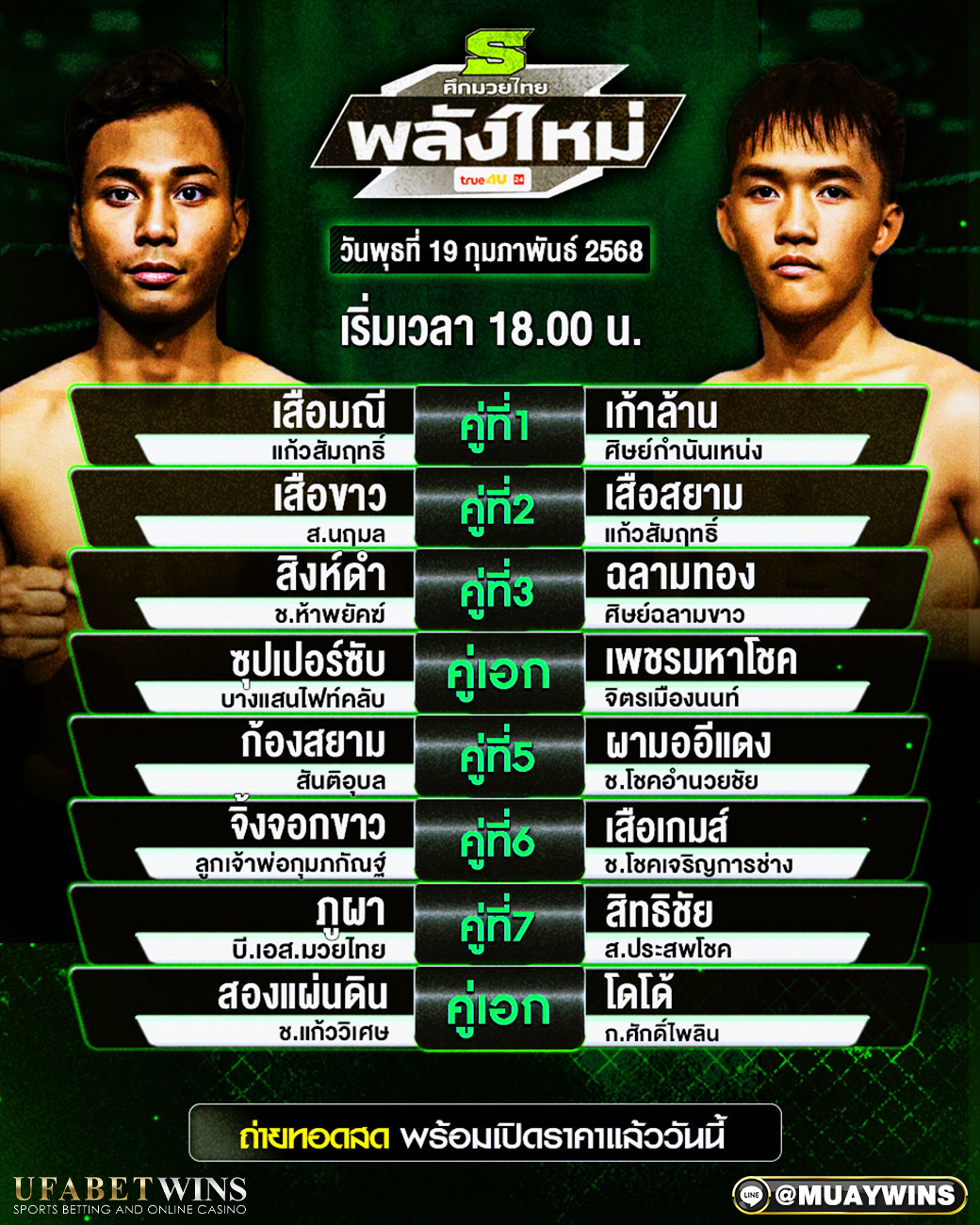 ศึกมวยไทยพลังใหม่ มวยวันนี้ 19/02/68