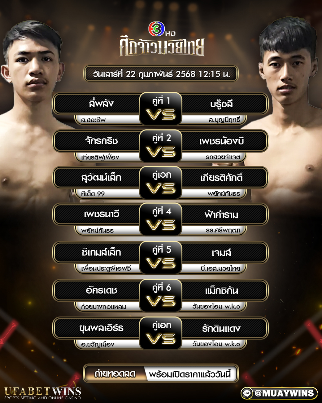 ศึกจ้าวมวยไทย มวยวันนี้ 22/02/68