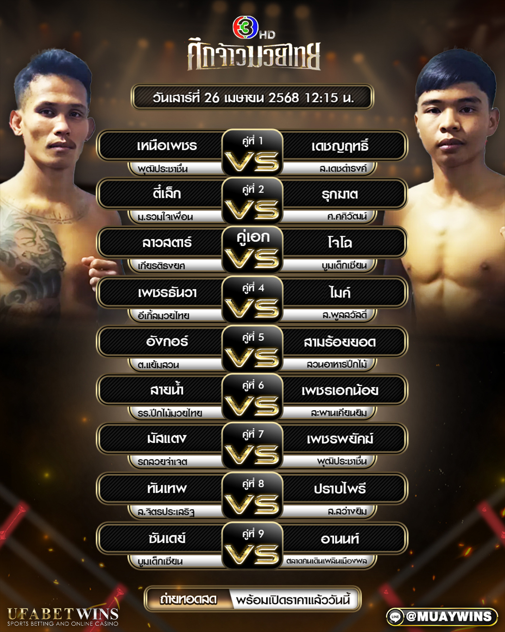 ศึกจ้าวมวยไทย มวยวันนี้ 26/04/68