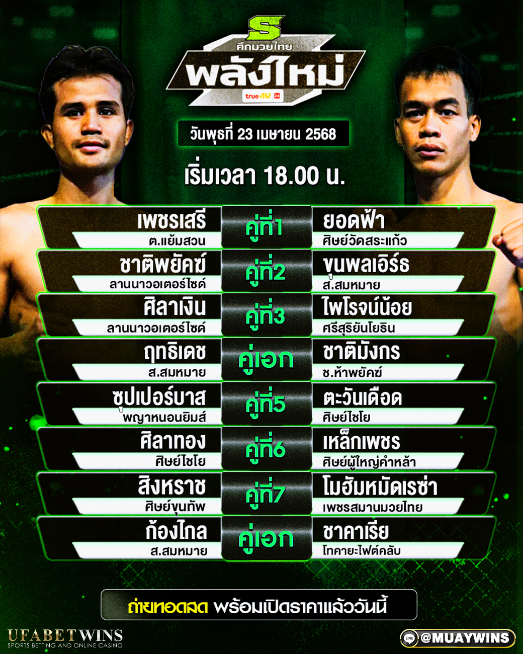 ศึกมวยไทยพลังใหม่ มวยวันนี้ 23/04/68