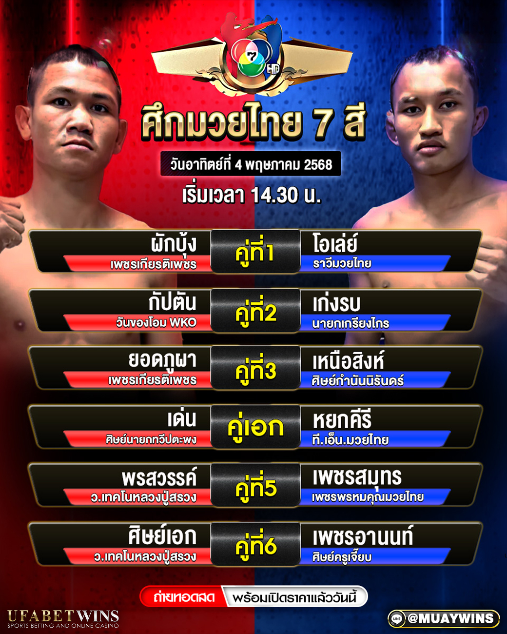 ศึกมวยไทย 7 สี มวยวันนี้ 04/05/68