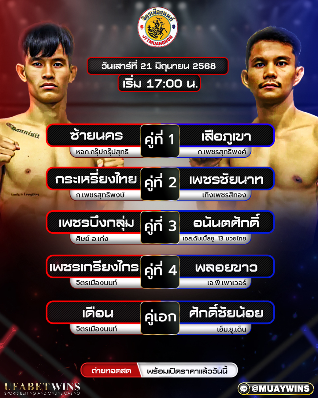 ศึกจิตรเมืองนนท์ มวยวันนี้ 21/06/68