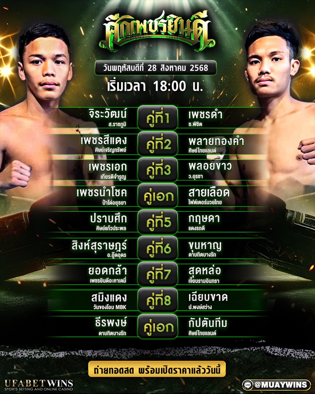 ศึกเพชรยินดี มวยวันนี้ 28/08/68