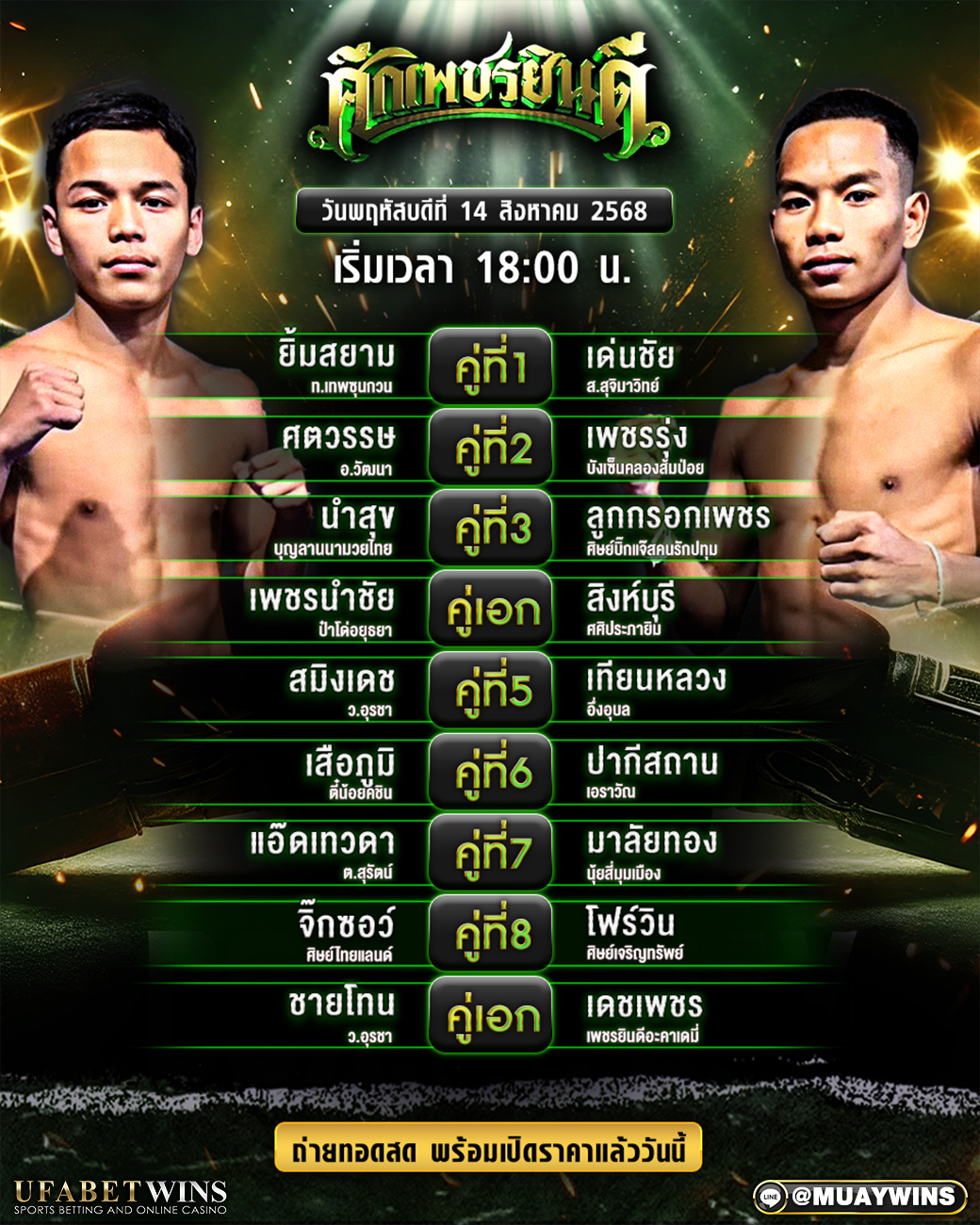 ศึกเพชรยินดี มวยวันนี้ 21/08/68