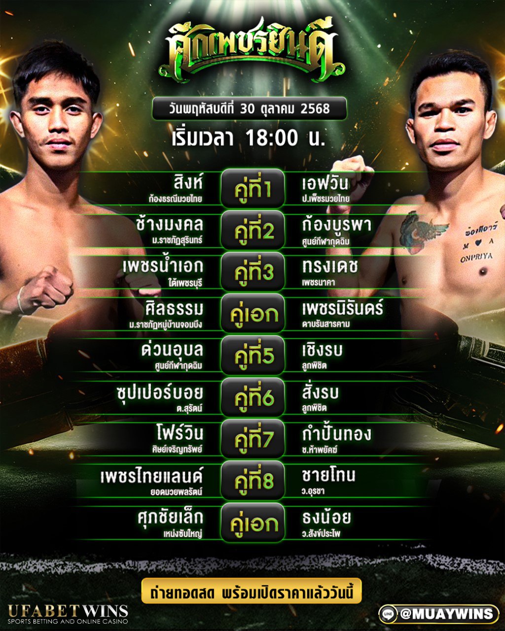 โปรแกรมมวย ศึกเพชรยินดี เวทีราชดำเนิน | วันที่ 30 ตุลาคม 2568 เวลา 18:00 น. พร้อมวิเคราะห์ก่อนชกในหน้าเดียว