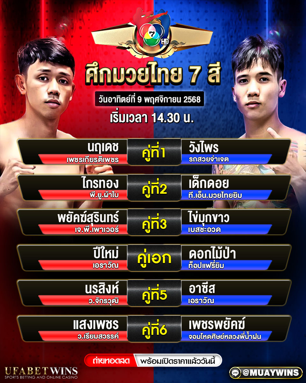 โปรแกรมศึกมวยไทย 7 สี 9 พ.ย. 2568 | เทียบชั่งจริง ใครได้เปรีย วิเคราะห์ก่อนชก และช็อตชี้ขาด