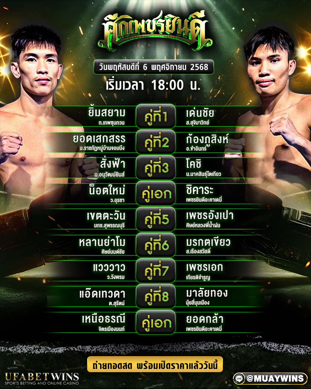 โปรแกรมมวย ศึกเพชรยินดี เวทีมวยราชดำเนิน 6 พ.ย. 2568 | ดูสด 18:00 น. วิเคราะห์ครบทุกคู่ วิเคราะห์คู่ต่อคู่