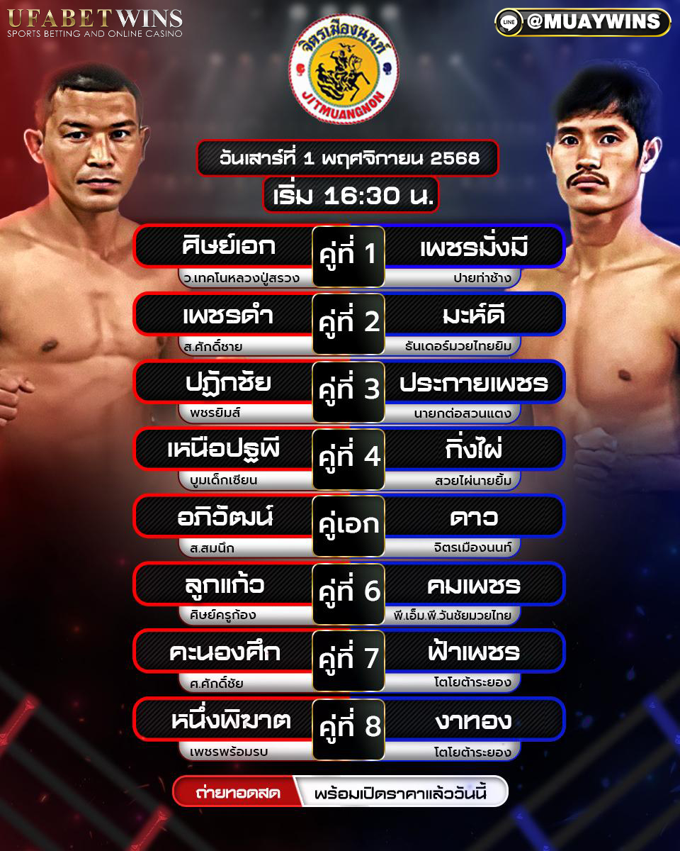 โปรแกรมมวย ศึกจิตรเมืองนนท์  1 พ.ย. 2568 | ชั่งจริงละเอียด วิเคราะห์จุดชี้ขาดครบทุกคู่ เริ่ม 16:30 น.