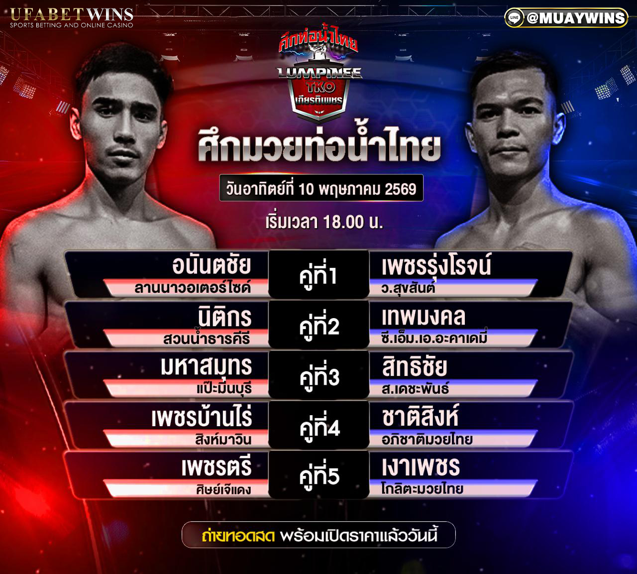 โปรแกรมมวยท่อน้ำไทย TKO เกียรติเพชร 10 พ.ค. 2569 เวทีมวยราชดำเนิน ครบทุกคู่