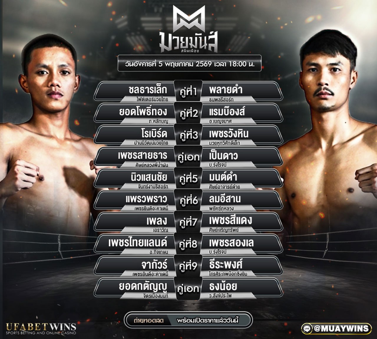โปรแกรมมวย ศึกมวยมันส์สนั่นเมือง 5 พ.ค. 2569 เช็กคู่ชก ผลชั่งน้ำหนัก