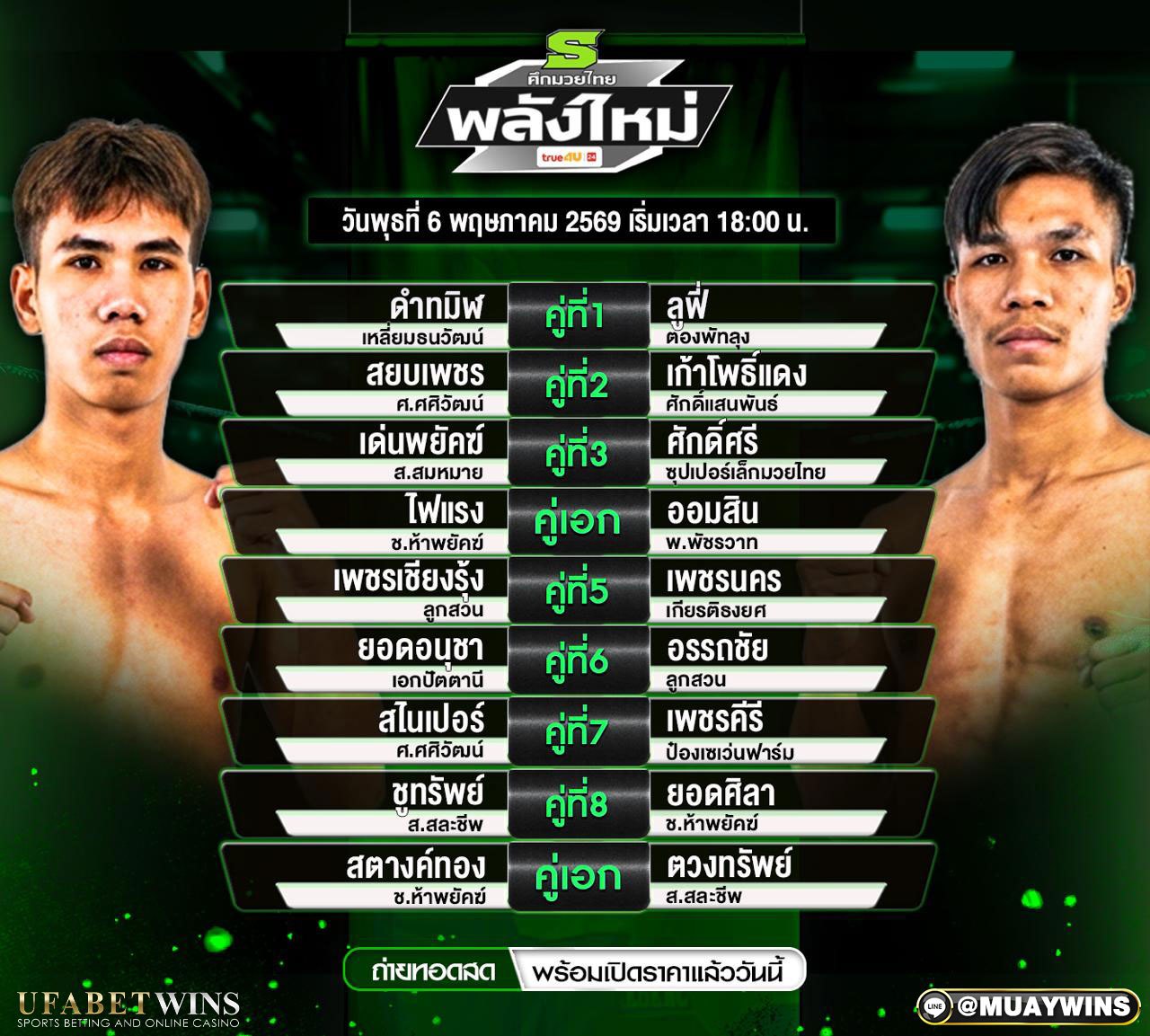 โปรแกรมมวยไทยพลังใหม่ วันที่ 6 พ.ค. 2569 เวทีมวยราชดำเนิน พร้อมผลชั่งน้ำหนักครบทุกคู่